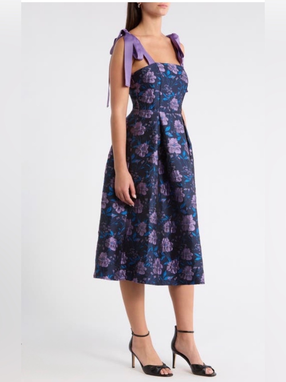 NWT Sugarlips Floral Jacquard Tie-Shoulder Pleated Midi Dress - Picture 2 of 15